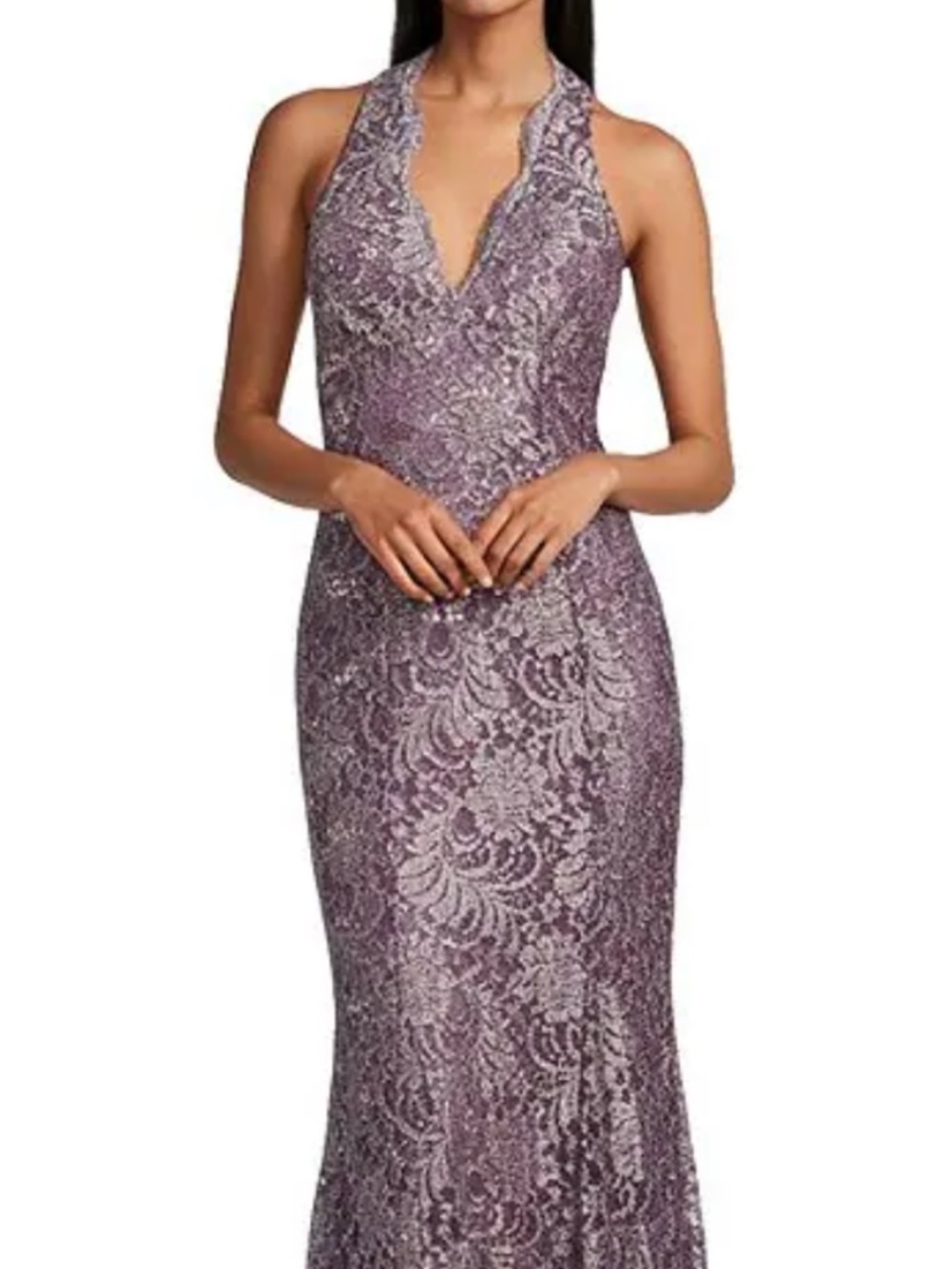 R & M Richards Scallop Lace Halter V-Neck Sleeveless Mermaid Gown